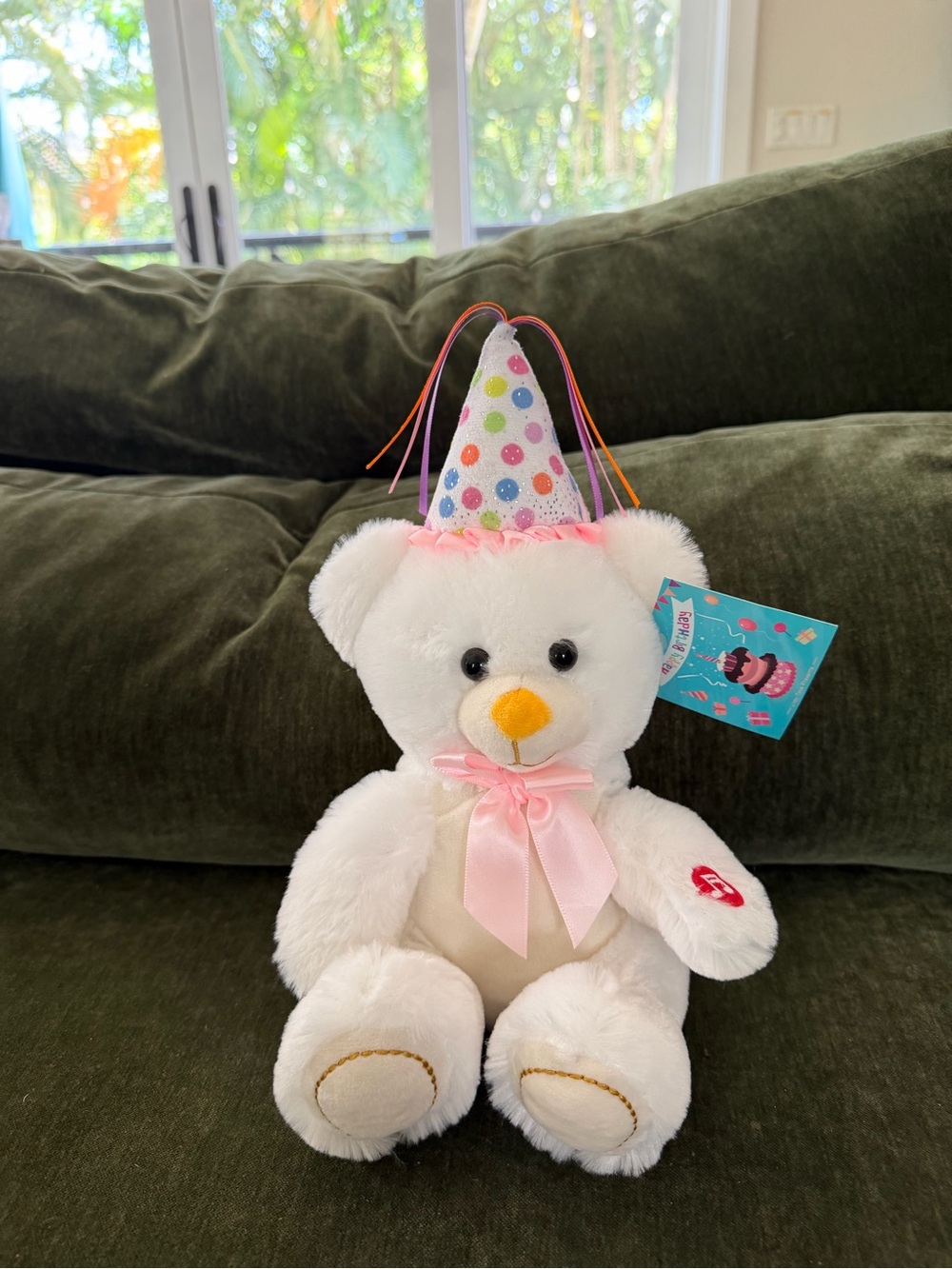 White Plush Party Bear with Pink Ribbon and Polka-Dot Party Hat PLAYS MUSIC